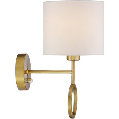 Amidon Warm Brass Drop Ring Plug-In Wall Lamp with White Drum Shade