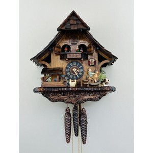 14" Musical Cuckoo Clock Cottage – Rocking Horse Boy, Waterwheel & Dancers - 1 of 4