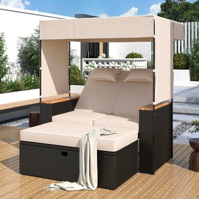 Isabel 2-piece PE Rattan Patio Daybed with Adjustable Back and Cushions, Chaise Lounge, Outdoor Furniture, Tanning Near Me - Maison Boucle