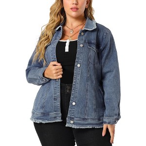 Agnes Orinda Women's Plus Size Classic Denim Frayed Washed Jean Jackets - 1 of 4