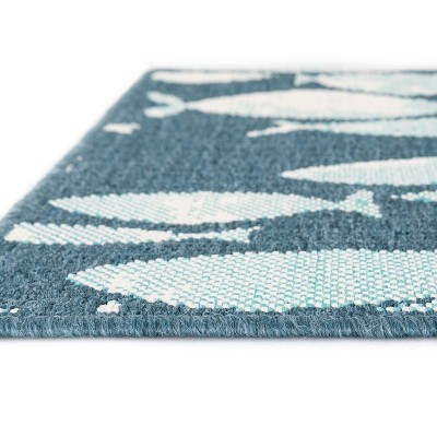 Blue Coastal Fish Pattern Rectangular Outdoor Rug, 4' x 6'