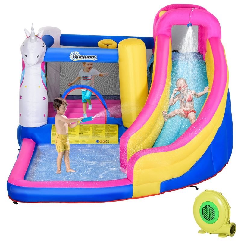 Outsunny 5 in 1 Inflatable Water Slide, Water Park Castle Bounce House Trampoline with Pool, Climbing Wall for Kids Age 3-8 with Air Blower, 4 of 9