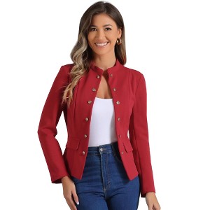 Allegra K Women's Casual Stand Collar Open Front Long Sleeve Button Decor Jacket - 1 of 4