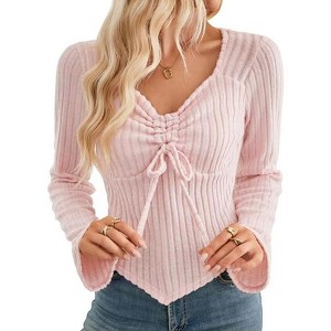 Women's Aesthetic Trendy Long Sleeve Shirt Cute Ruched Drawstring Slim Fit Pullover Tops Ribbed Clothes - 1 of 4