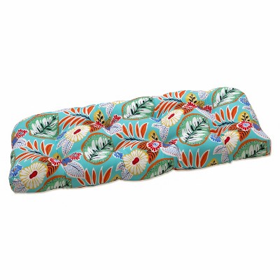 Outdoor/Indoor Loveseat Cushion Marlow Aqua Blue - Pillow Perfect: Weather & Fade-Resistant, Floral Botanical Print, Polyester Fiber Fill