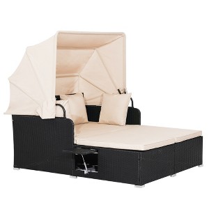 Tangkula Outdoor Wicker Lounge Daybed Hand-Woven PE Rattan Patio Loveseat Sofa Set with Retractable Canopy & 2 Side Tables with Soft Cushions Beige - 1 of 4