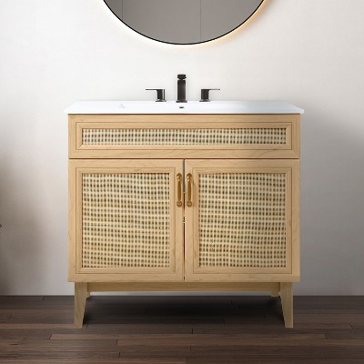 Javer 36" Oak Rattan Modern Farmhouse Bath Vanity Cabinet