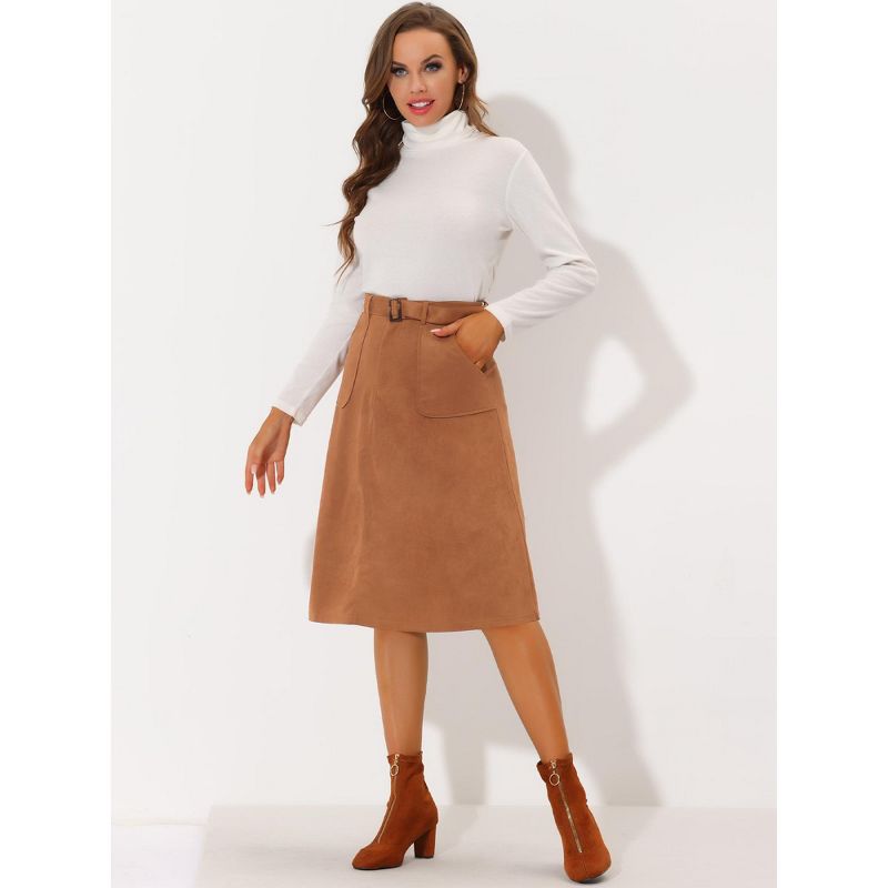 Allegra K Women's Casual Faux Suede Pockets Stretch A-line Midi Skirt with Belt, 3 of 7