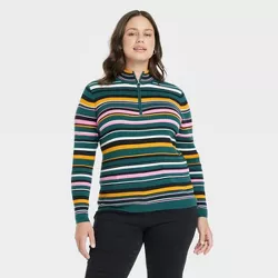Women's Plus Size Mock Turtleneck Pullover Sweater - Ava & Viv™ Dark Green Striped 4X