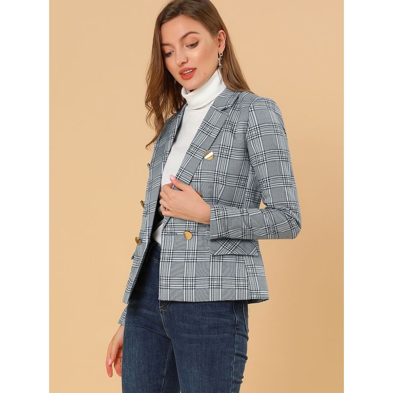 Allegra K Women's Notched Lapel Double Breasted Plaid Formal Blazer Jackets, 5 of 8
