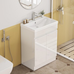 KWPZQEB 24" Gloss Wall-Mounted Bathroom Vanity with Sink & Mirror, Modern Floating Vanity with Shelf & Soft-Close System for Small Space, Glossy White - 1 of 4