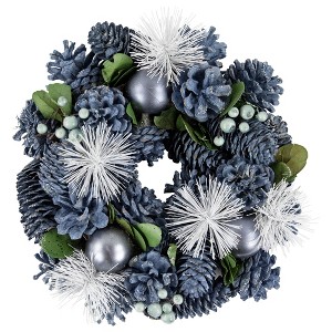Northlight Pinecones, Ornaments and Pine Needles Christmas Wreath - 10" - Unlit - Blue - 1 of 3