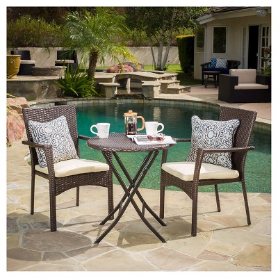 Elba 3pc Wicker Bistro Set with Cushions - Brown - Christopher Knight Home