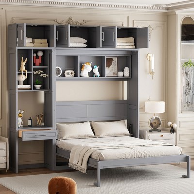 Full/Queen Size Wall Murphy Bed Space Saving Foldable Bed with Desk, Top Cabinet and Storage Shelves, White/Gray-ModernLuxe