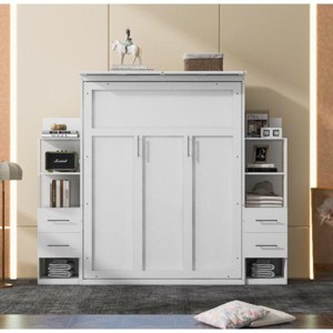 NicBex Queen Size Murphy Bed 87.8" Wooden Queen Bed Frame Morden Hideaway Wall Bed with 2 Side Storage Shelf and 4 Drawers for Bedroom - 1 of 4
