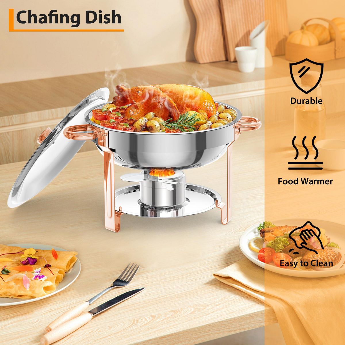 5QT/8QT Stainless Steel Chafing Dish, 2pcs Rose Gold Rectangular/Round Buffet Food Warmers, Ideal for Catering, Weddings, Parties - thumbnail 10