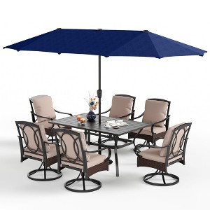 Captiva Designs 8pc Patio Rectangle Steel Dining Table & Rattan Chairs & Market Umbrella - 1 of 4
