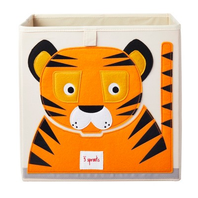 3 Sprouts Large 13 Inch Square Children's Foldable Fabric Storage Cube Organizer Box Soft Toy Bin, Friendly Tiger