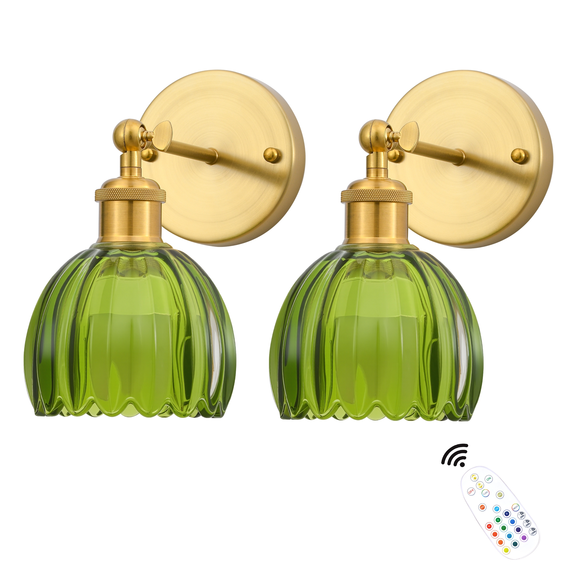 DAKAFUL Vintage Wall Sconces,with Tulip Glass Shade&Brass Frame,Remote-Controlled,RGB Dimmable Wall Lights for Bedroom/Bathroom/Living Room (2-Pack)
