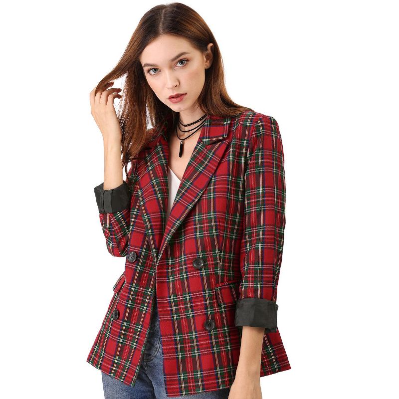 Allegra K Women's Casual Fit Notched Lapel Double Breasted Plaid Formal Blazer, 1 of 8