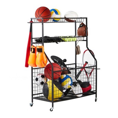 LUGO Garage Sports Equipment Organizer with Wheels: Steel Utility Storage Cart, 3 Shelves, Powder-Coated, Black