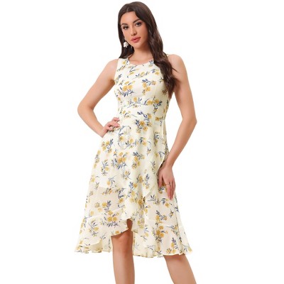 Allegra K Women's Wrap Ruffle High Low Hem Round Neck Keyhole Back Sleeveless Floral Dress