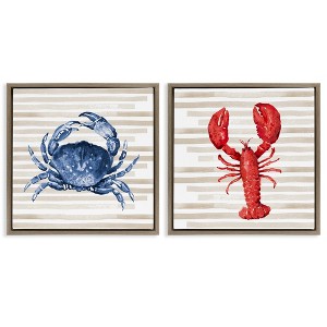 Stupell Industries Nautical Crab & Lobster Beige Stripes, 18" x 18" - 1 of 4