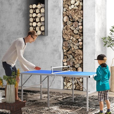 Mini Ping Pong Table Set for Outdoor and Indoor, Foldable Table Tennis Table with Net, 2 Paddles, 3 Balls, Adjustable Feet, Easy Assembly, Blue