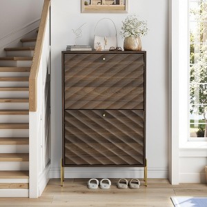 23.6" Mid-Century Modern Shoe Cabinet with 2 Flip-Top Drawers and Metal Legs, Entryway Storage Organizer for Hallway - 1 of 4