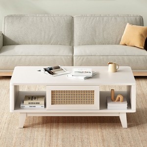 Sapphtopaz Modern Coffee Table with Rattan Drawer & Storage Space Rectangle Wood Living Room End Table with Wood Leg Coffee Bar for Living Room - 1 of 4