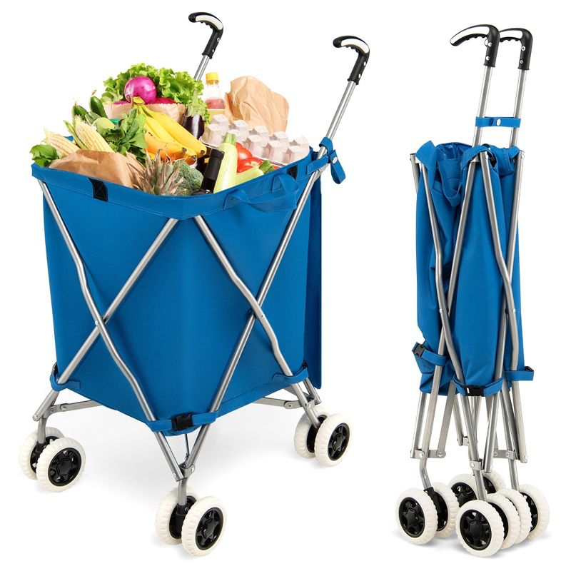 Costway Folding Shopping Cart Utility w/ Water-Resistant Removable Canvas Bag Black\Blue, 1 of 10