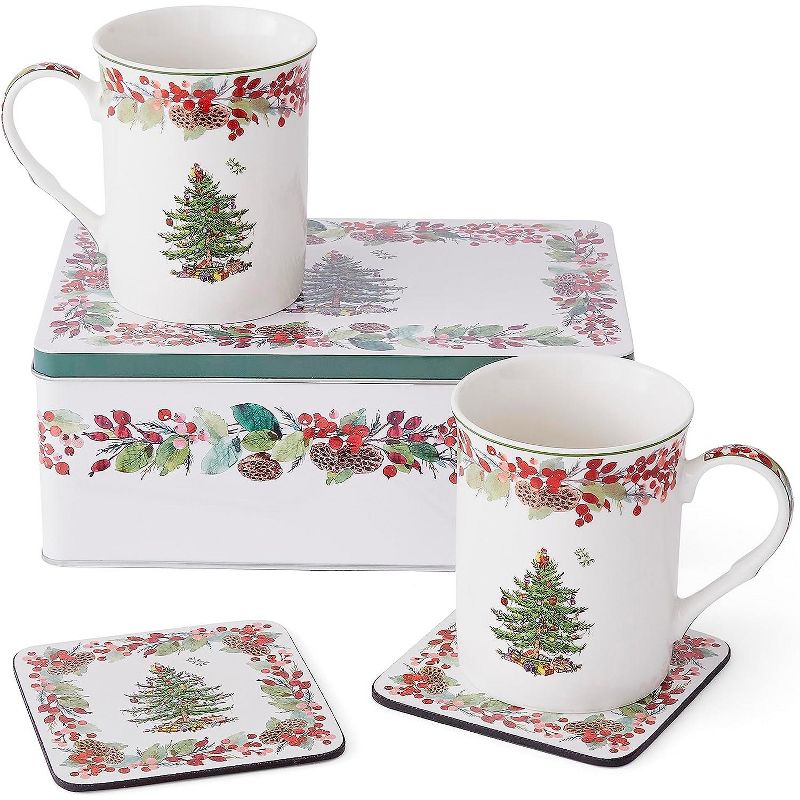 Spode Christmas Tree 2023 Annual 5 Piece Mug and Coaster Set with Tin Gift Box, Porcelain Mugs and Cork-Backed Coasters, 1 of 7
