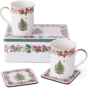 Spode Christmas Tree 2023 Annual 5 Piece Mug and Coaster Set with Tin Gift Box, Porcelain Mugs and Cork-Backed Coasters