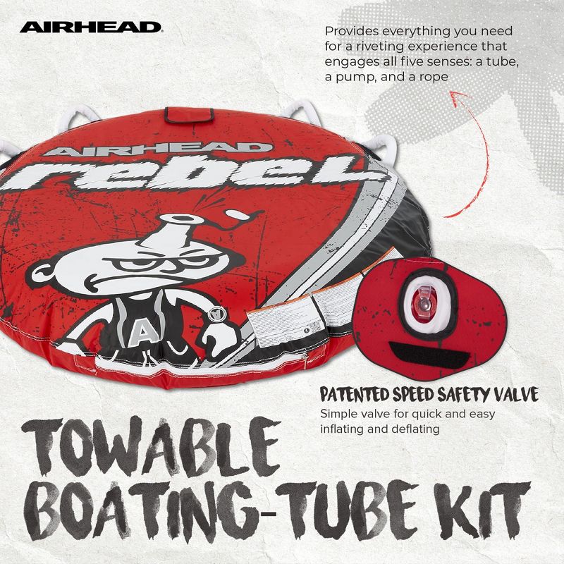 Airhead Rebel 54" 1 Person Durable Red Towable Lake Boating Tube Kit with 16 Strand Tow Rope, Speed Safety Valve, and 12V Pump Kit, 2 of 7
