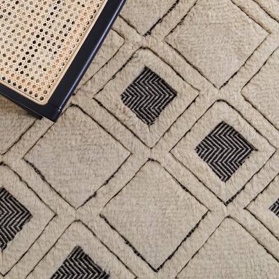 Ivory and Black Hand-Knotted Wool Geometric Area Rug