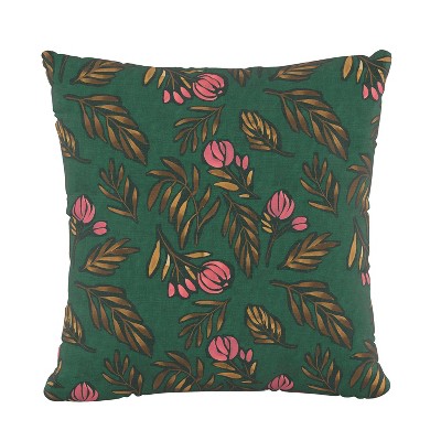 Floral Square Throw Pillow Emerald - Skyline Furniture: Vintage Linen & Cotton, Indoor, Zipper Closure, Botanical Pattern