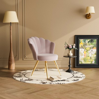 Pink velvet decorative chair with gold metal legs, powder room vanity chair, living room upholstered guest chair