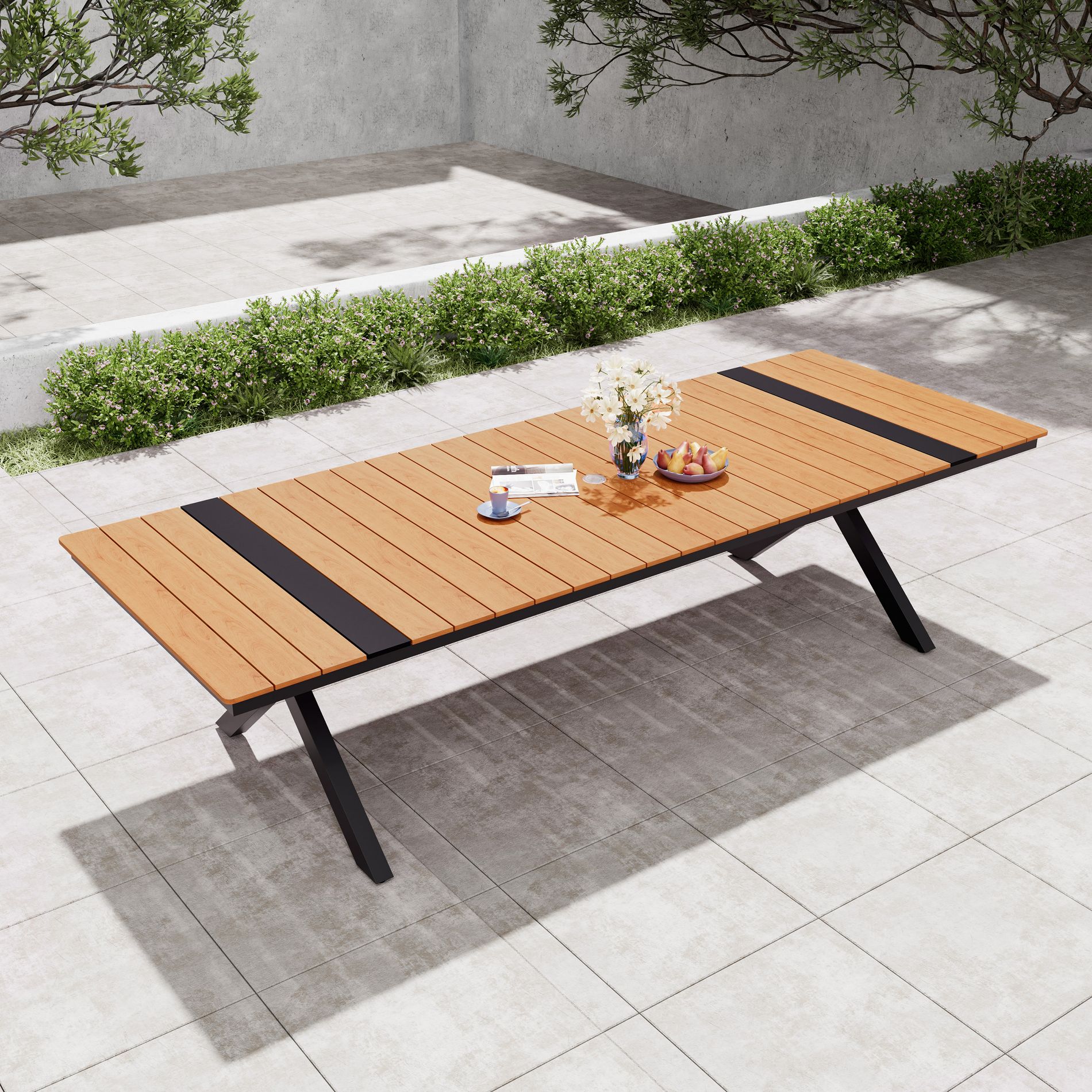 Pellebant 118.1-Inch Outdoor Dining Table X-Shaped Legs Wood-Look Top Aluminum Frame Umbrella Hole Brown