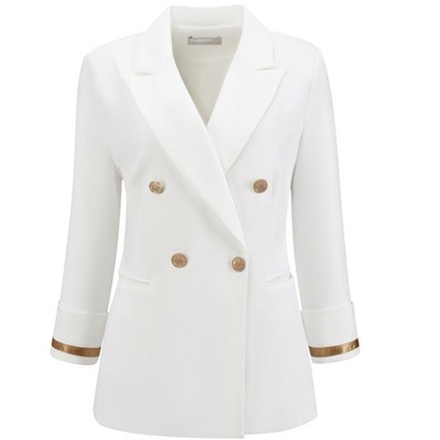 Hobemty Women Double Breasted Notched Lapel 3/4 Sleeve Contrast Trim Fully Lined Formal Work Office Suit Jacket Blazer