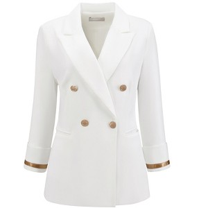 Hobemty Women Double Breasted Notched Lapel 3/4 Sleeve Contrast Trim Fully Lined Formal Work Office Suit Jacket Blazer - 1 of 4