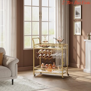 Bar Cart Gold, 2 Tier Bar Carts for The Home, Gold Bar Carts on Wheels, Serving Cart w/ White Marble Finish Wood Shelf, Wine Rack & Glass Holder - 1 of 4