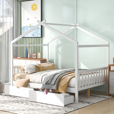NicBex Full Size Platform Bed Modern House-Shaped Pine Bed Frame with 2 Drawers, Headboard and Footboard for Bedroom, No Box Spring Required, White