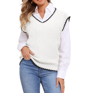 INSPIRE CHIC Women's V Neck Sleeveless Ribbed Contrast Color Trim Sweater Vest - 1 of 4