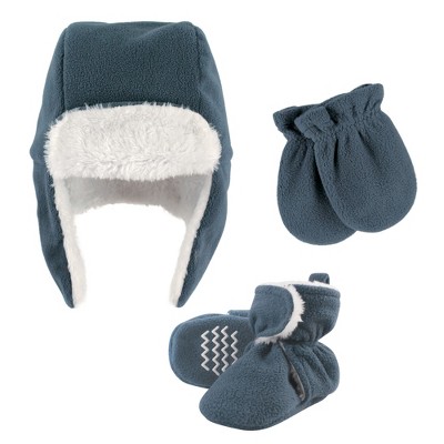 Image of Hudson Baby Infant Boy Trapper Hat, Mitten and Bootie Set, Coronet Blue, 0-6 Months