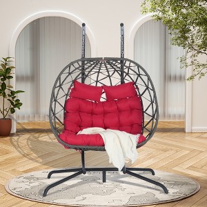 TiramisuBest Double Wicker Rattan Hanging Egg Chair with Stand,Indoor/Outdoor Swing Chair for Bedroom/Balcony/Patio (Khaki) - 1 of 4