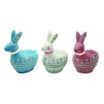 Transpac Ceramic Patterned Bunny Egg Cup Set of 3 Easter Home Decorations
