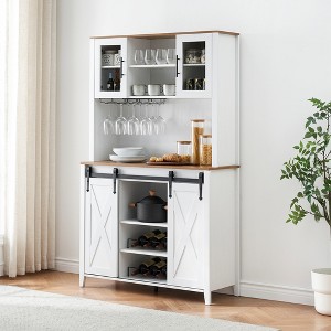70" Farmhouse Wine Bar Cabinet - Coffee Station with Sliding Barn Doors & Glass Rack - 1 of 4