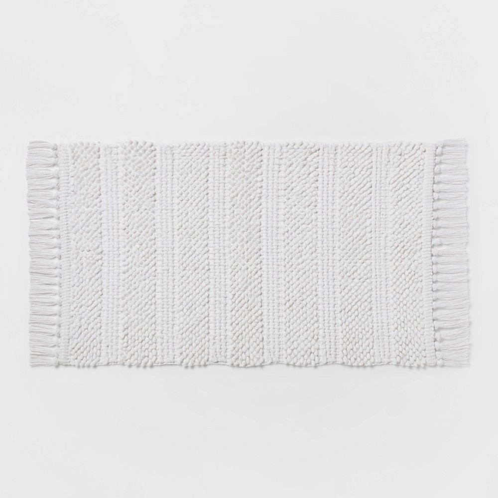 Photos - Bath Mat 20"x32" Knit Striped Chenille Bath Rug Fringe White - Threshold™