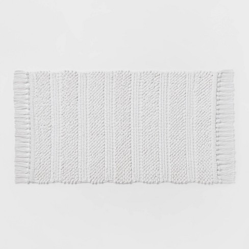 20"x32" Knit Striped Chenille Bath Rug Fringe White - Threshold™ - image 1 of 4