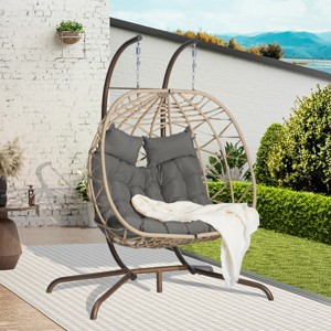 Hanging Wicker Woven 2 Person Egg Swing Chair With Cushions And Stand,Indoor Outdoor Wicker Basket Hammock Chair For Patio,Bedroom-Coolbibila - 1 of 4